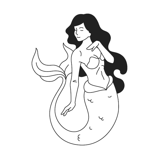 Y2K hermosa sirena mujer de mar con cabello largo y cola tatuaje negro contorno icono vector plano