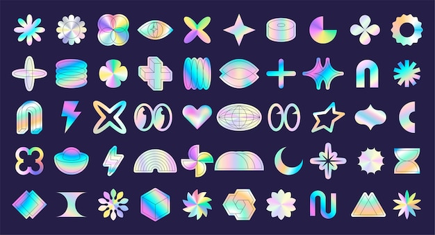Y2K Holographic Sticker Icon Icon gráfico gradiente retro elementos decorativos psicodélicos de los años 90 de los años 2000 diseño futurista Decoración abstracta de forma ácida Luna de estrellas y flores Conjunto de rave vectorial