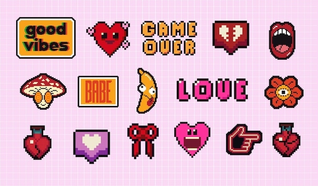 Y2K: icono de pixel art con corazones, sonrisa, rostro y habla, burbujas, estado de ánimo de los años 90, pixel editable de 8 bits.