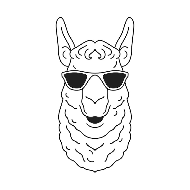 Y2K Lama con gafas de sol, retrato, moda, arte pop contemporáneo, contorno, icono y ilustración vectorial.
