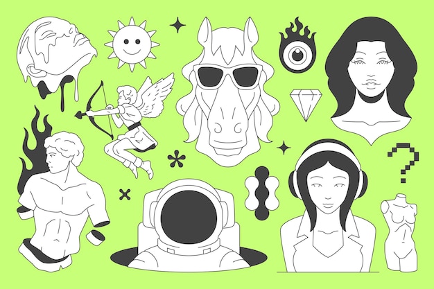 Y2K línea negra retro groovy icono de cómic escultura concepto de ciencia ficción conjunto de vector plano