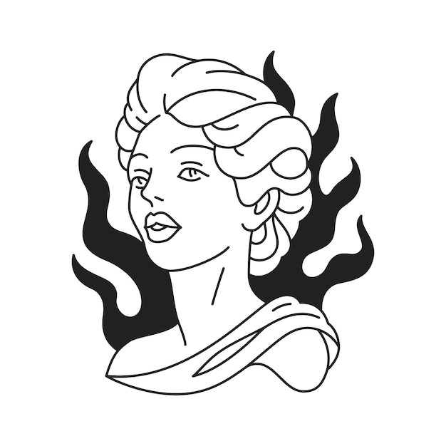 Y2K moda estatua de la diosa griega cabeza con llama quemada tatuaje negro contorno icono vector plano