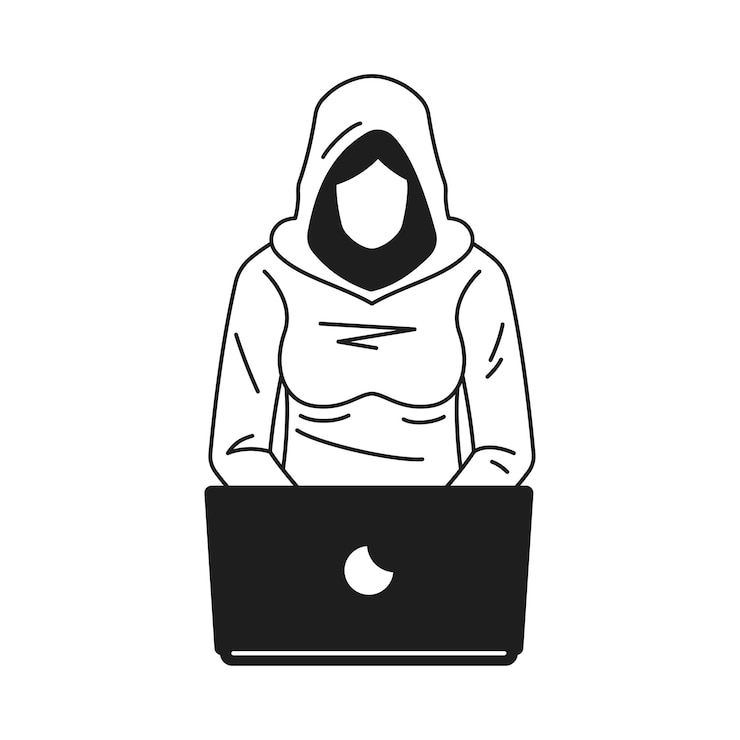 Vector y2k mujer hacker cibercrimen trabajando portátil línea monocromática retro groovy icono ilustración vectorial