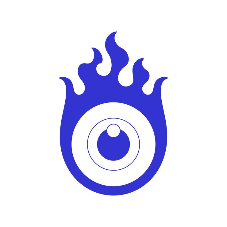 Vector y2k ojo psicodélico con llama ardiente cómic groovy línea azul icono vector ilustración plana