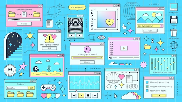 Y2K: pantalla retro del navegador Windows y las páginas de Internet