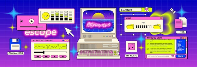 y2k pc viejo escritorio retro windows 2000s interfaz de usuario web vr 90s ventana juego virtual re