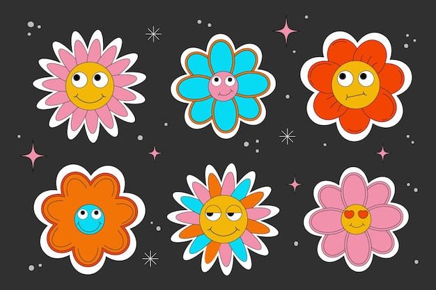 y2k personaje Groovy dibujos animados flores retro paquete de pegatinas flores de margarita cómicas con ojos