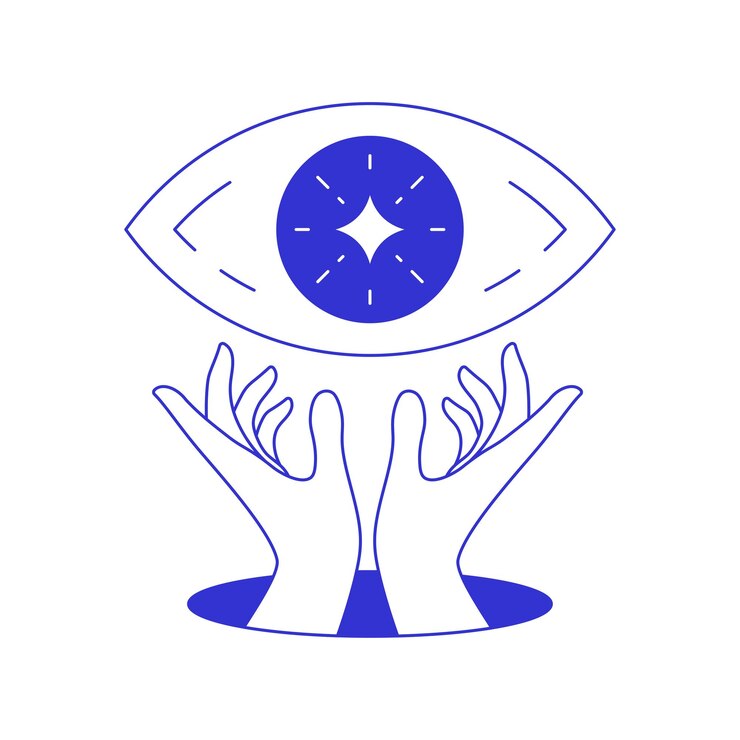 Vector y2k psicodélico todo ojo que ve con manos humanas de agujero línea azul icono vector ilustración plana