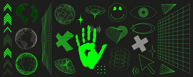 Y2K Rave caja de elementos gráficos retrofuturistas con efecto líquido y glitch