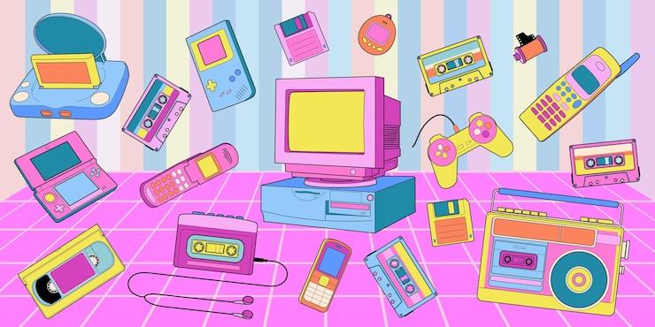 Vector y2k teléfono retro 2000 adhesivos de dibujos animados de estilo antiguo computadora móvil y monitor de pc tecnología doodle videojuego japonés retro gamepad boombox musical dispositivos vintage vectoriales