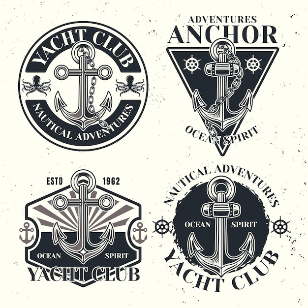 Vector yacht club conjunto de emblemas vectoriales etiquetas insignias o logotipos en estilo vintage monocromo aislado sobre fondo claro