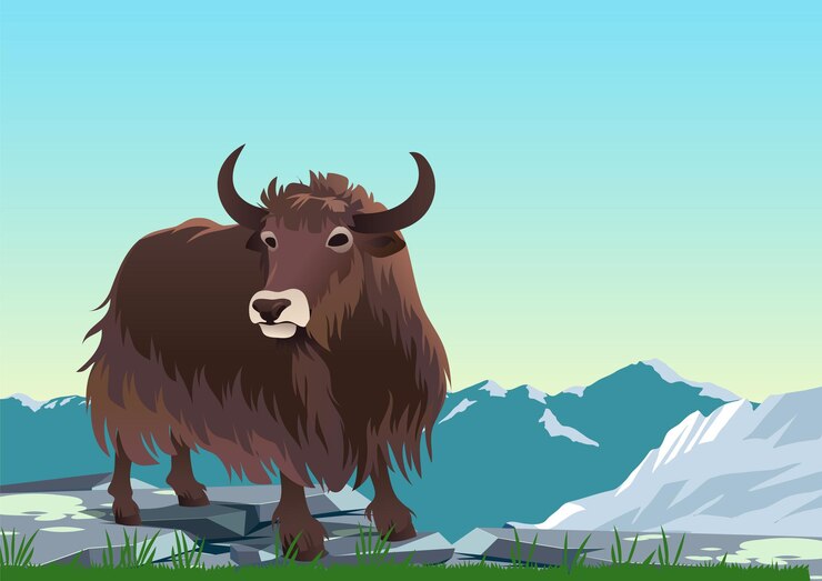 Vector un yak se encuentra en una colina rocosa.