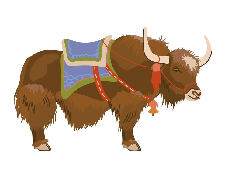 Vector un yak marrón con una silla de montar en la espalda estilo plano vectorial una mascota utilizada para el transporte de carga en el tíbet