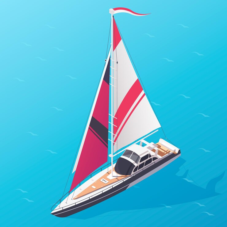 Vector yate de dibujos animados con velas rojas océano azul alrededor barco marino barco marino transporte náutico velero viaje vacaciones de verano crucero de vacaciones viaje de aventura ilustración vectorial isométrica