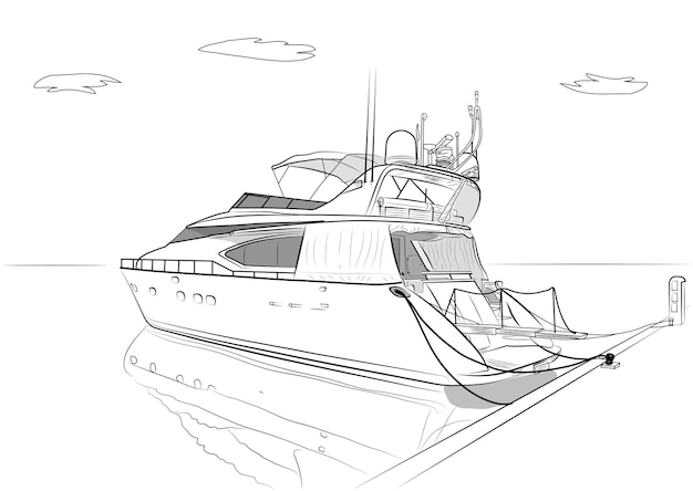 Yate a motor tipo dibujado a mano garabato boceto ilustración vectorial en blanco y negro