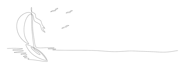 Yate navegando en el mar en una línea continua dibujando gaviotas bandera vectorial de viaje de verano Línea única