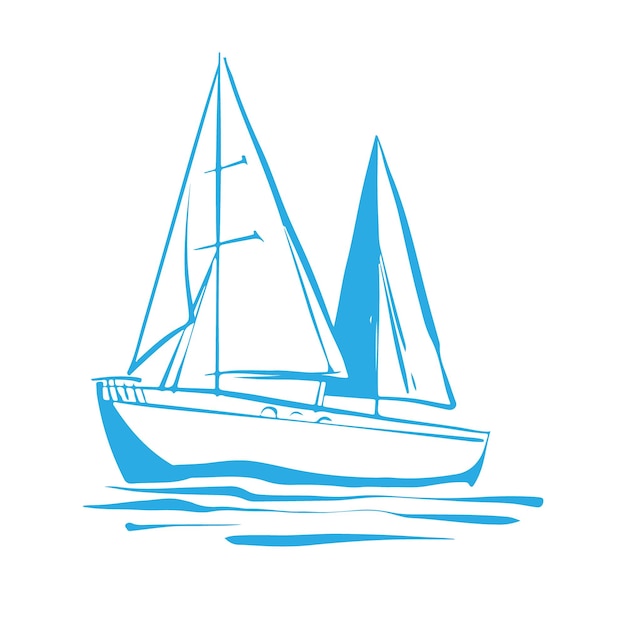 Yate de vela flota en las olas pequeño barco para recreación y viaje boceto de contorno en mano de color azul