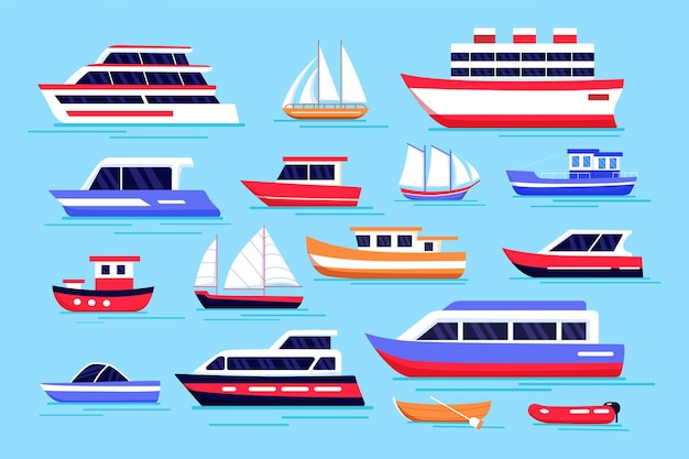 Yate de velocidad Transporte marítimo Barco de velocidad de crucero Barco de mar configurado Barco náutico Vela en olas oceánicas Motor y barco de vapor Viaje en crucero Vector ilustración reciente