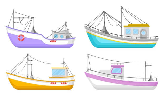 Yates y buques pesqueros comerciales Conjunto ilustrado vectorial Colección de barcos de transporte marítimo