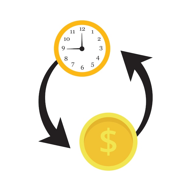 Yellow Clock and Gold Dollar Coin with Black Arrows Representing Time is Money