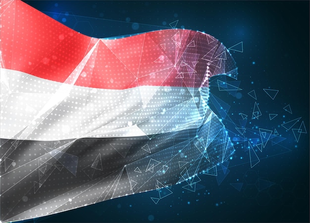 Yemen, vector bandera, objeto virtual abstracto 3D de polígonos triangulares sobre un fondo azul.