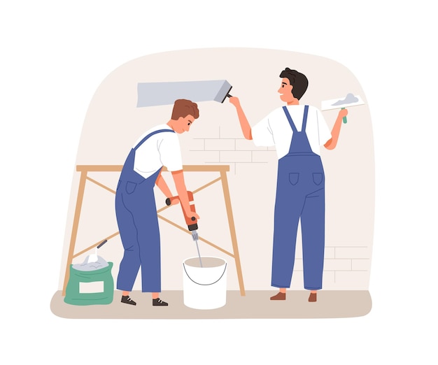 Yeseros alisando, enyesando y cubriendo la superficie de la pared con masilla, pasta de relleno y espátula. Trabajadores de reparación profesionales trabajando. Ilustración de vector plano aislado sobre fondo blanco