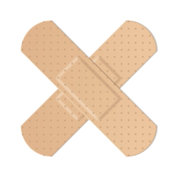 Yesos médicos perforados resistentes al agua realistas. Cinta adhesiva de color beige plástico en forma de cruz, objeto de primeros auxilios para la protección y la atención de la salud, vector aislado en la ilustración de fondo blanco