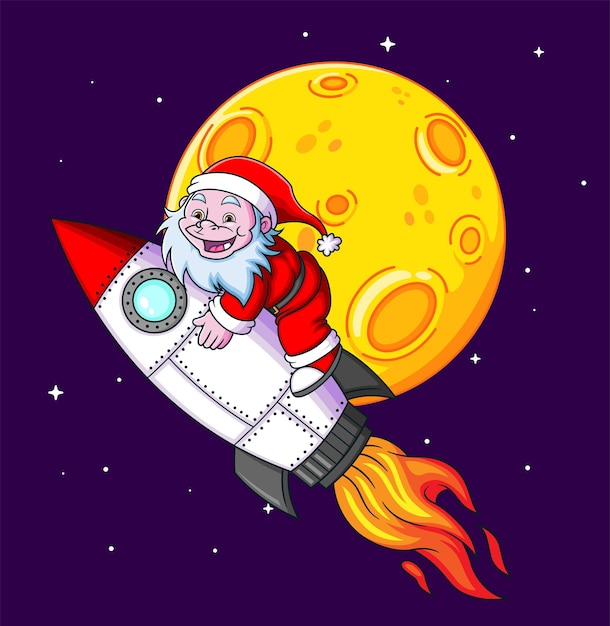 El yeti con el disfraz de santa claus vuela hasta la luna con el cohete turbo de la ilustración