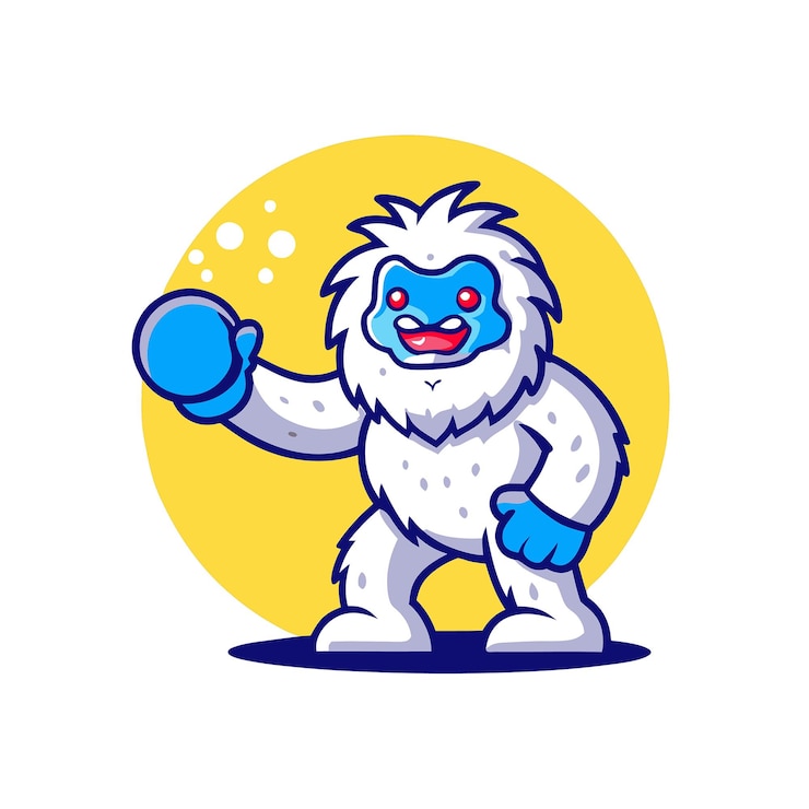 Vector yeti participando en una pelea de bolas de nieve con las lanzas de fragmentos de hielo vector logo mascota