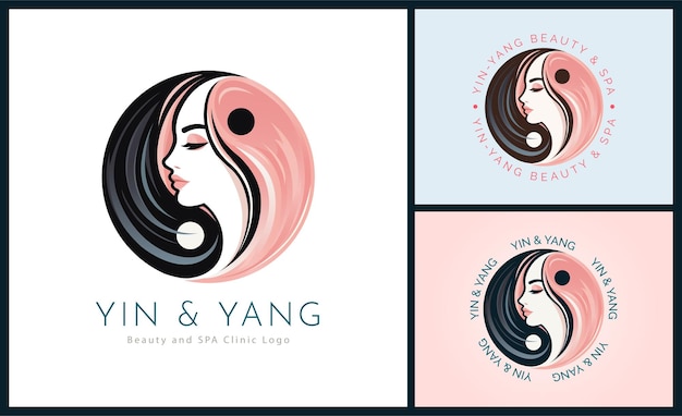 Vector yin y yang mujer rostro belleza estética salón de lujo spa diseño de plantilla de logotipo para marca o empresa