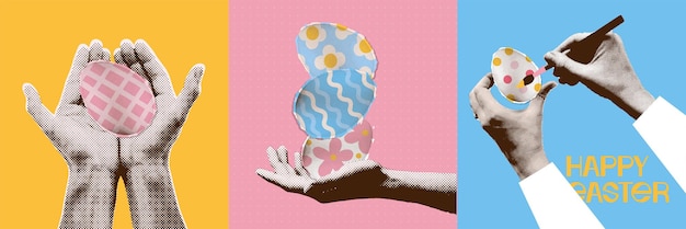 Vector yk collage vintage de medio tono de manos sosteniendo y pintando huevos el concepto de las vacaciones de primavera