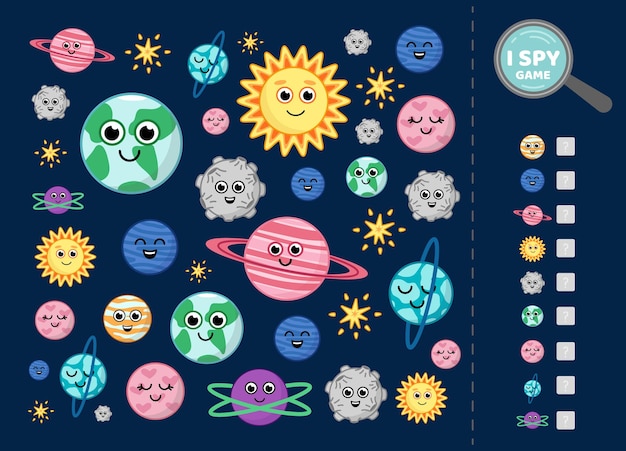 Yo juego de espionaje para niños con planeta sistema solar espacio Buscar y contar cuántos juegos de matemáticas Vector