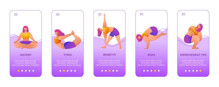 Vector yoga beneficia la incorporación de la plantilla de pantalla de la aplicación móvil. ejercicios y poses. cuerpo positivo femenino. paso a paso del sitio web con personajes.