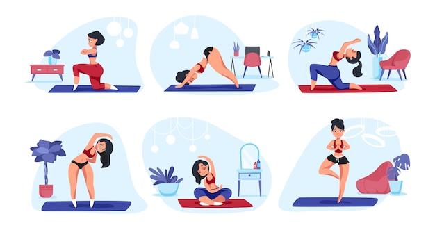 Yoga en casa. Chica de dibujos animados haciendo ejercicios físicos, meditación y actividades deportivas, concepto de estilo de vida saludable. Vector de imagen plana de moda establece ejercicios de mujeres para la relajación y la relajación