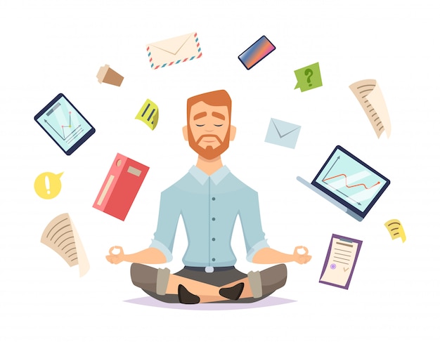 Yoga empresarial. Oficina zen relajarse concentración en la práctica de yoga de mesa de espacio de trabajo