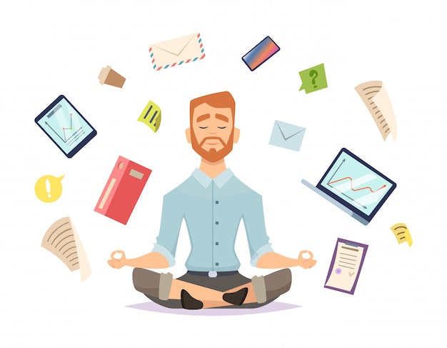 Yoga empresarial. oficina zen relajarse concentración en la práctica de yoga de mesa de espacio de trabajo