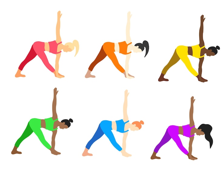 Vector el yoga femenino posa en un conjunto asiático africano europeo en colores lgbt de estilo plano de dibujos animados