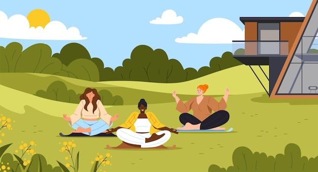 Yoga grupal en el concepto vectorial de la naturaleza