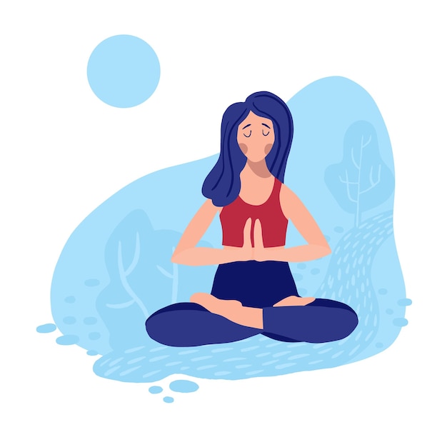 Yoga ipracticng femenino en un parque. Mujer en lotos posan ejemplares vectoriales de colores dibujados a mano. Camiseta, postal, cartel, elemento de diseño de clases de yoga.