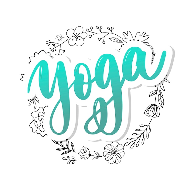 Vector yoga, letras elegantes de la mano en guirnalda floral