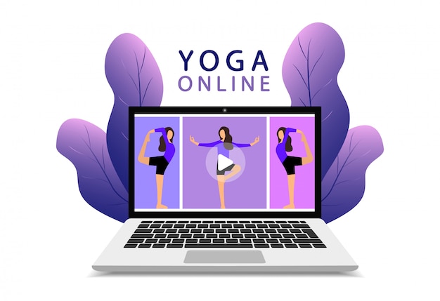 Yoga en línea en una computadora portátil. Clase de yoga en línea. Lección de fitness en línea. Página web moderna.