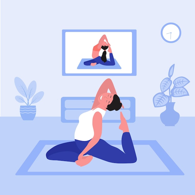 Yoga en línea con un entrenador Ilustración de vector plano