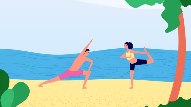 Yoga por la mañana en la playa. Entrenamiento de la mujer del hombre cerca del océano. Tiempo de relax, vacaciones o turismo.