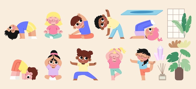 Yoga y meditación para niños en diseño plano dibujado a mano