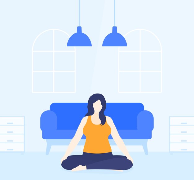Yoga, mujer de talla grande medita en casa