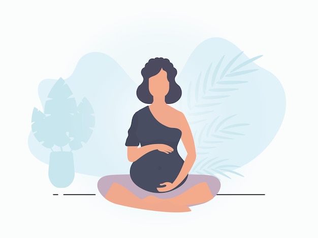 Yoga para mujeres embarazadas personaje femenino activo bien construido banner en tonos azules para usted ilustración de vector plano