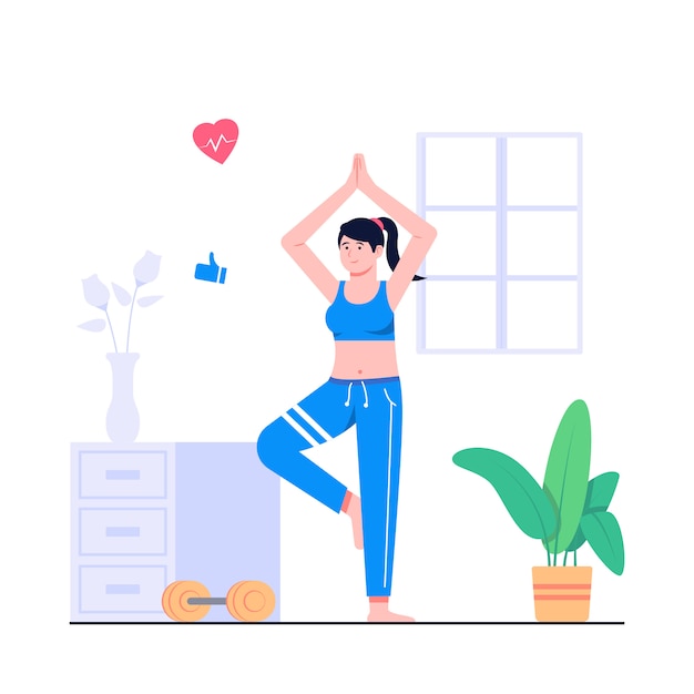 Yoga de mujeres en ilustración plana de concepto de hogar