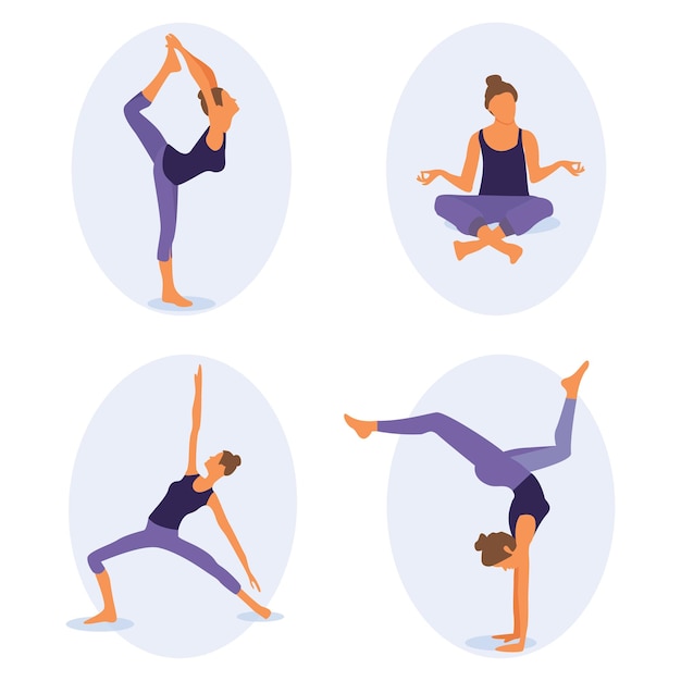 Yoga para mujeres. Ilustración de vector de una hermosa mujer de dibujos animados en varias posturas de yoga.