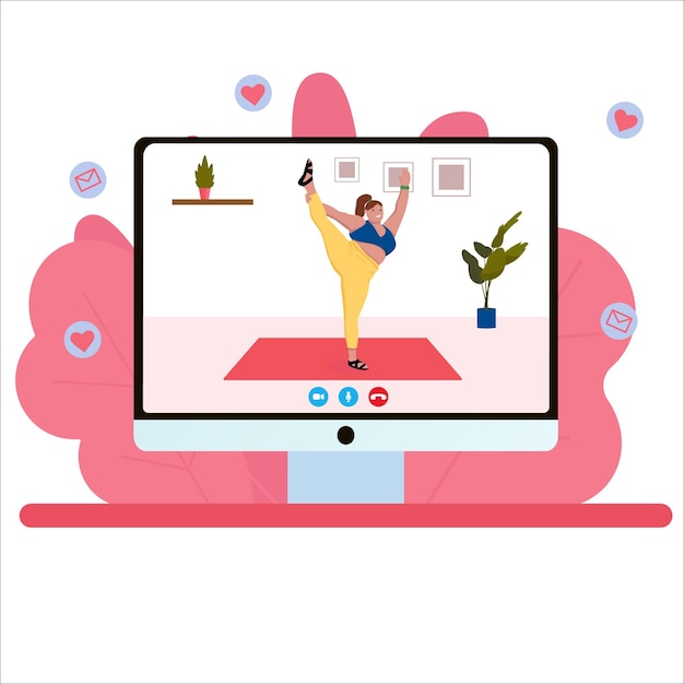 Yoga online. Mujer de talla grande haciendo yoga en video. Ilustración vectorial plana