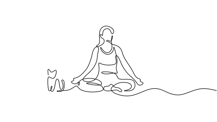 Yoga pose mujer una línea dibujo minimalista con gato animal
